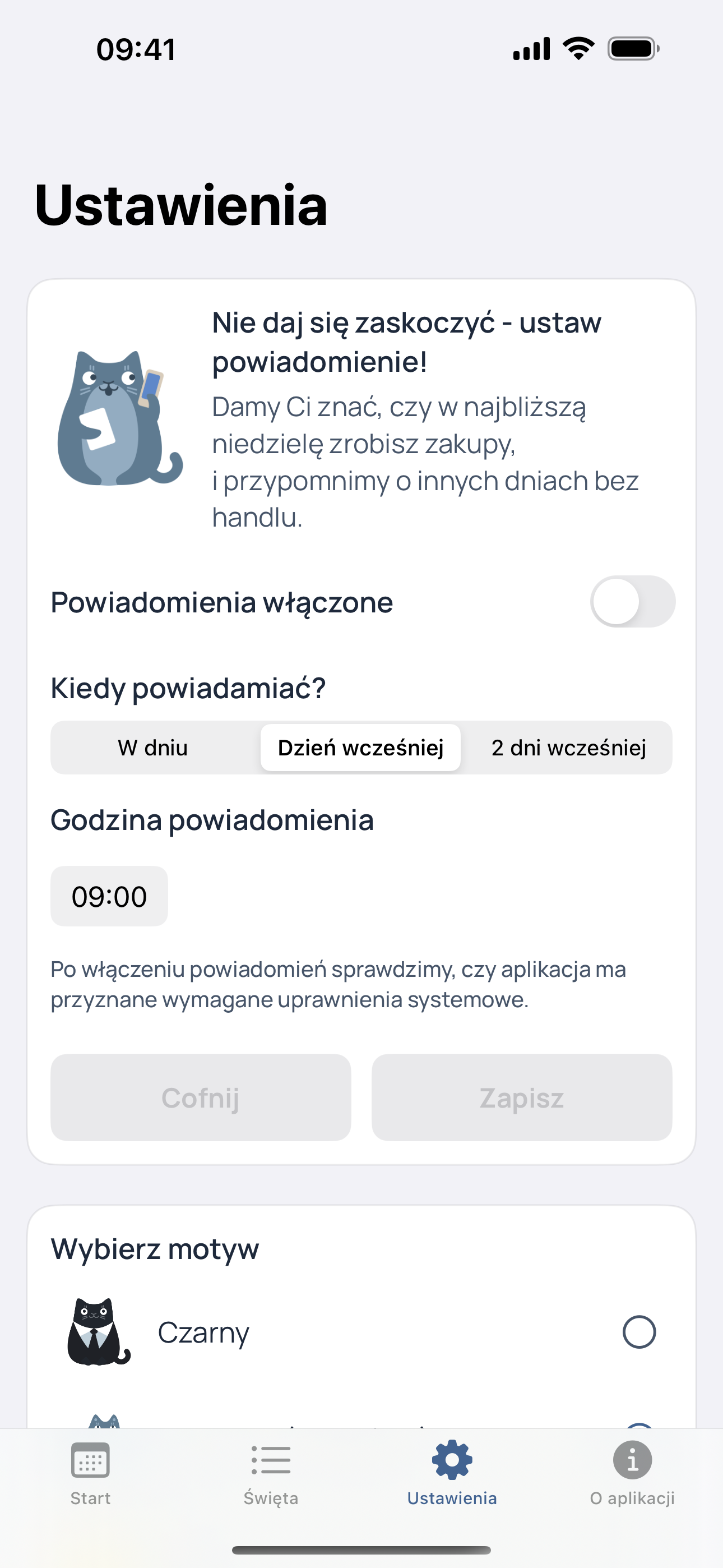 Ekran ustawień przypomnień w aplikacji Niedzielne Zakupy.